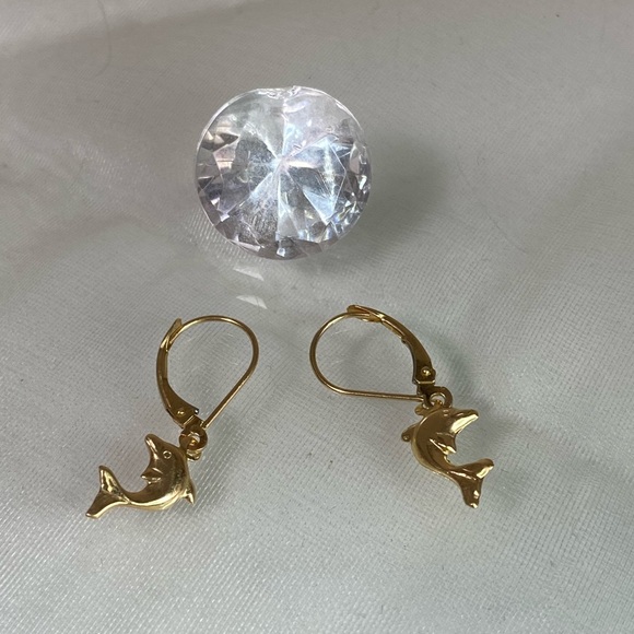 14K YELLOW GOLD dolphin dangle dainty earrings REAL GOLD 1” - Picture 4 of 10